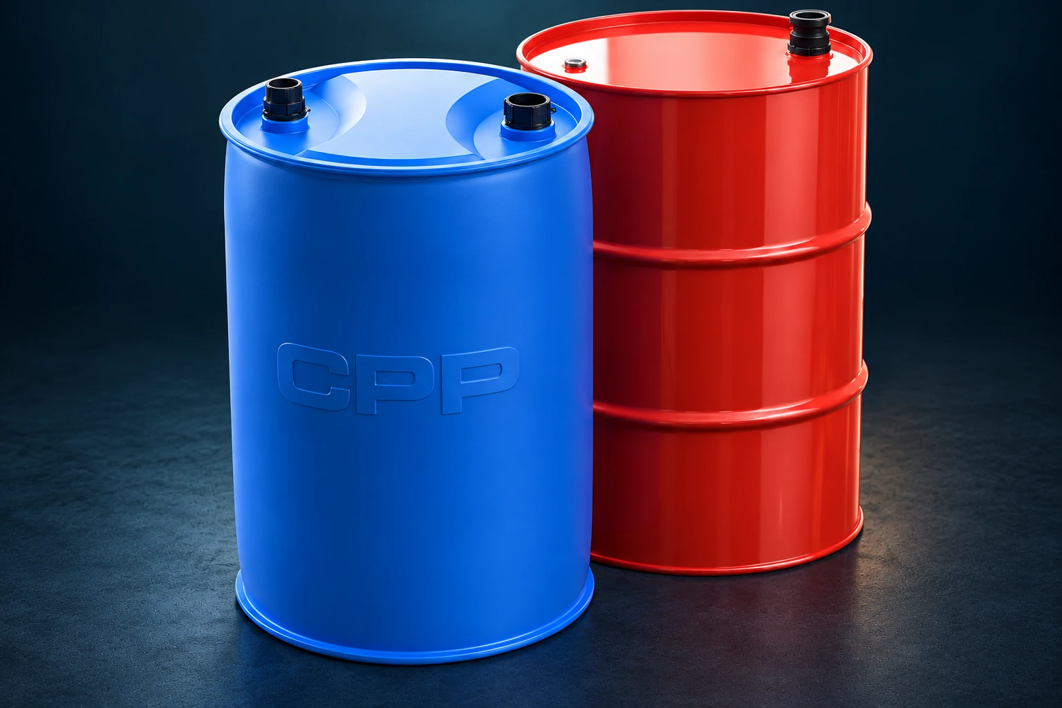 Blue and red CPP industrial drums with top fittings