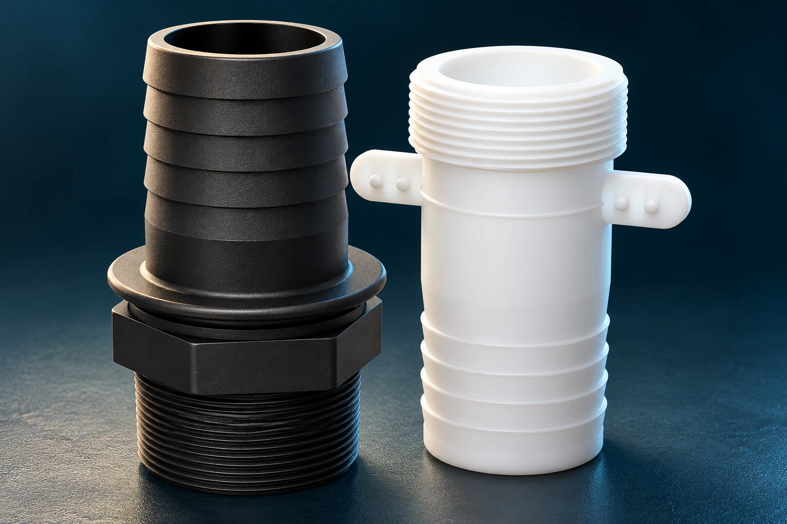 Black and white CPP hose fittings with threaded connections