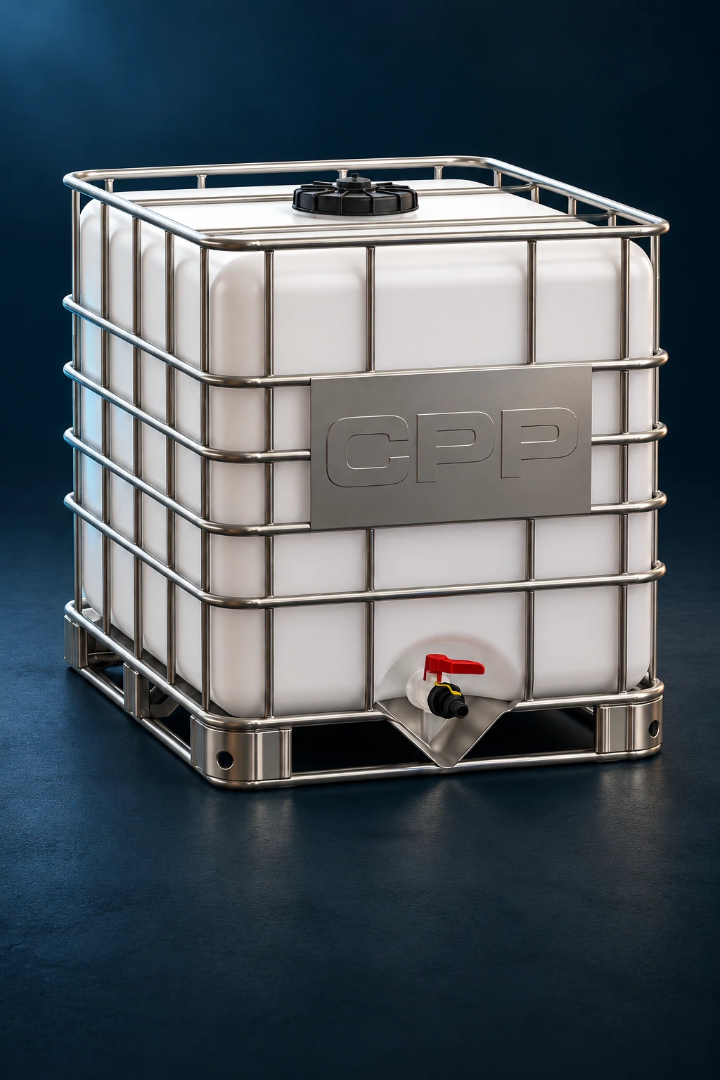 CPP IBC tank with steel cage and outlet valve